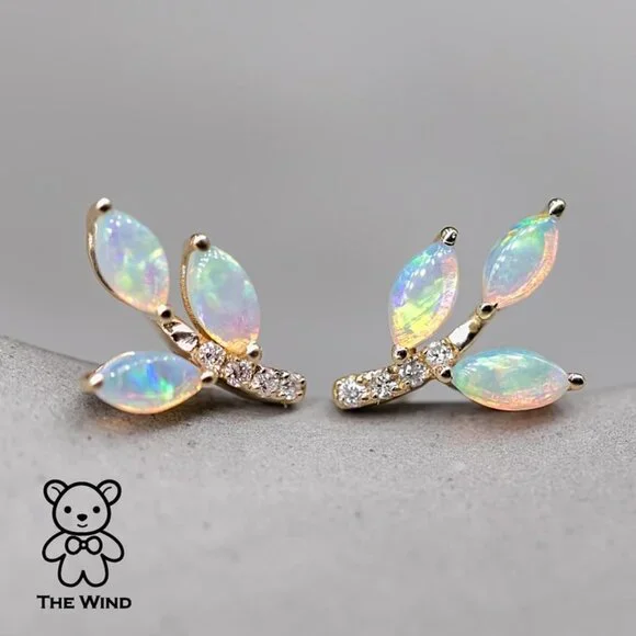 Olive Branch Leaf Design Australian Solid Opal Diamond Stud Earrings 14K Yellow - Picture 6 of 7